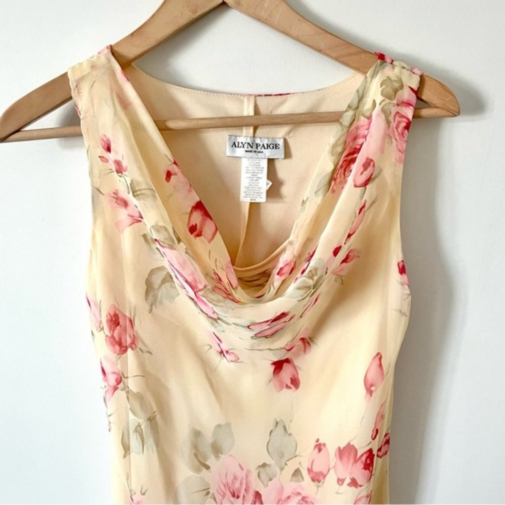 Vintage Floral Cowl Neck Asymmetric Dress Yellow and Pink - Picture 2 of 5